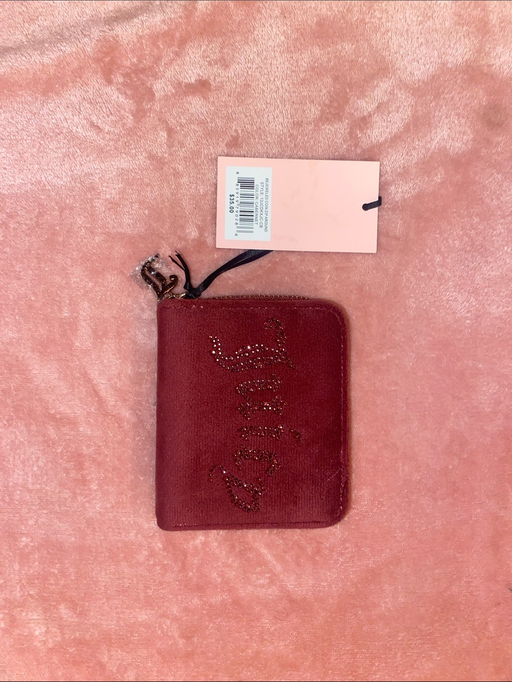 Juicy Couture Burgundy Crystal Script Zip Card Holder